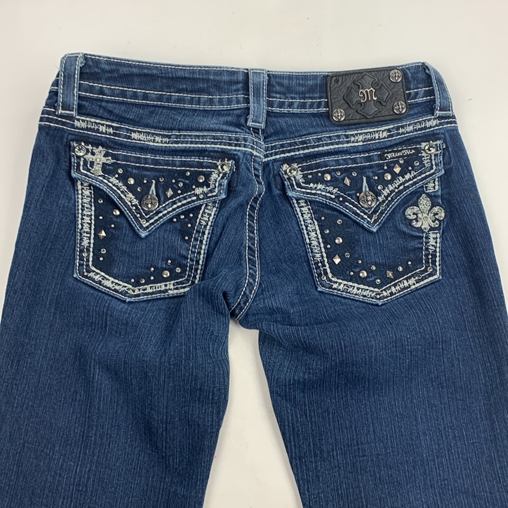 Miss Me Straight Jeans Med dark wash denim stretch Flap bling stud pockets - Picture 2 of 14